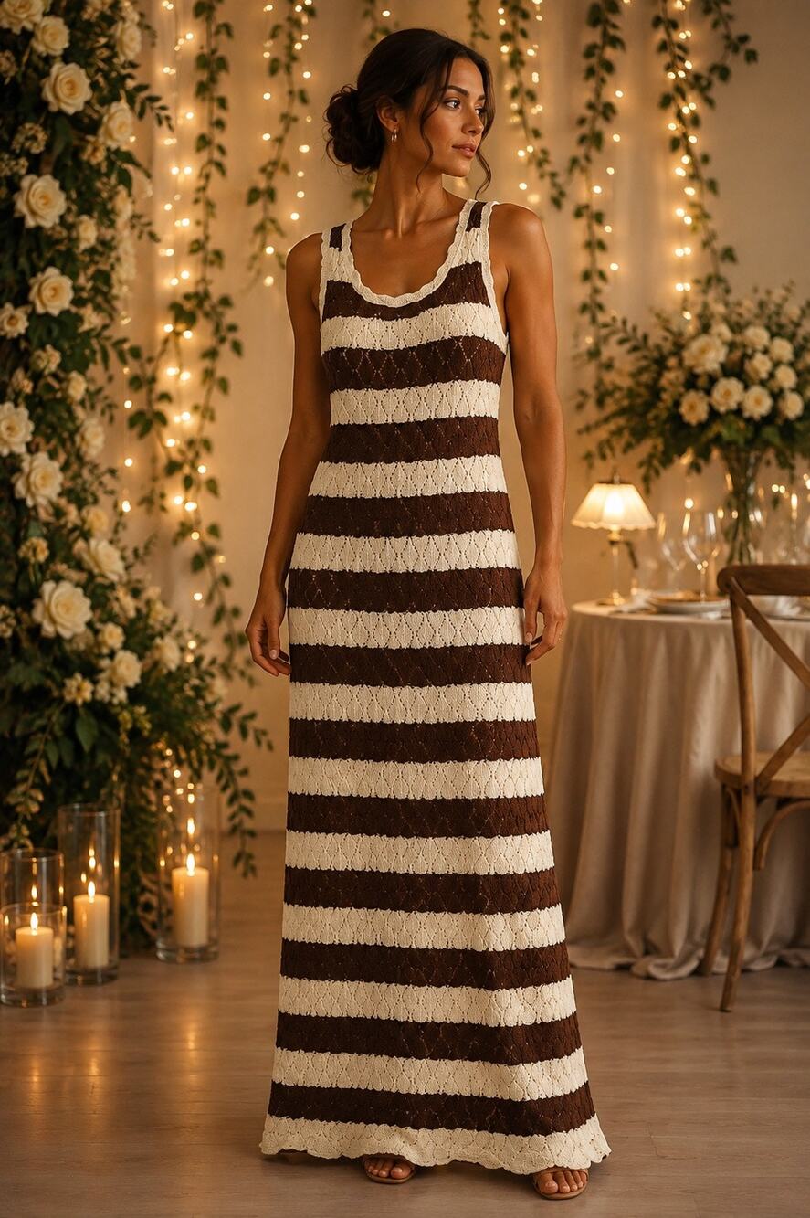 The Drop Brown & Cream Striped Crochet Knit Maxi Dress Size XS NWT